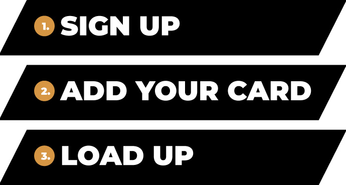 1. Sign up now. 2. Add your card. 3. Load up and Play