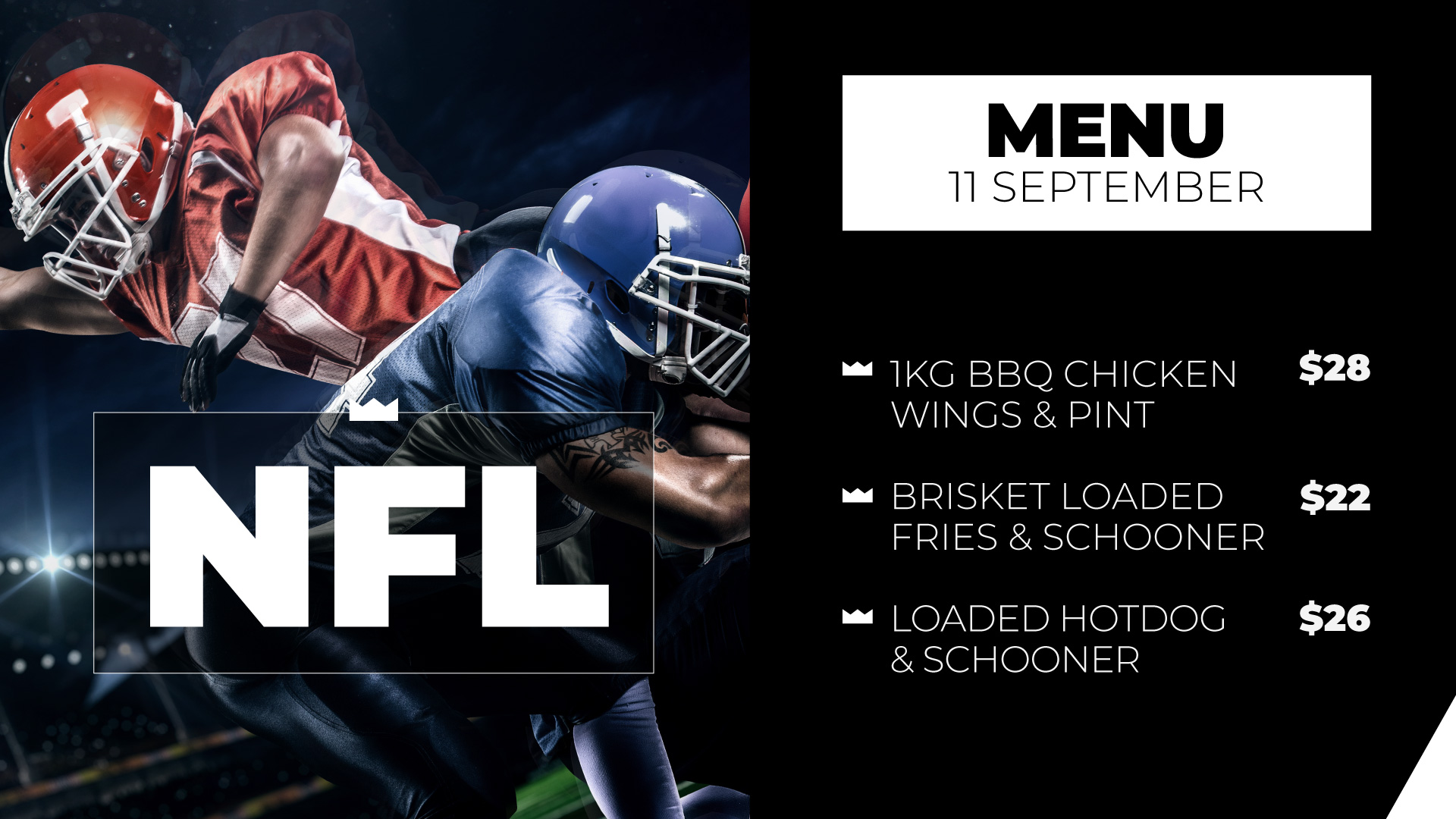 Watch NFL live ta Kingpin and enjoy a dedicated NFL menu on game day